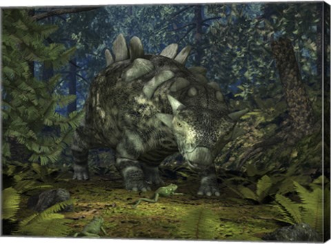 Framed Crichtonsaurus Crosses paths with a Pair of Frogs within a Cretaceous Forest Print
