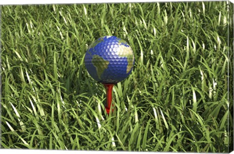 Framed 3D Rendering of an Earth Golf Ball on Tree in the Grass Print