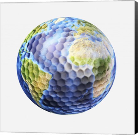 Framed 3D rendering of a planet Earth Golf Ball, White Background Print