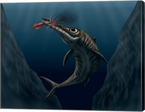 Framed Ophthalmosaurus Catches a Squid in the Deep Sea Print