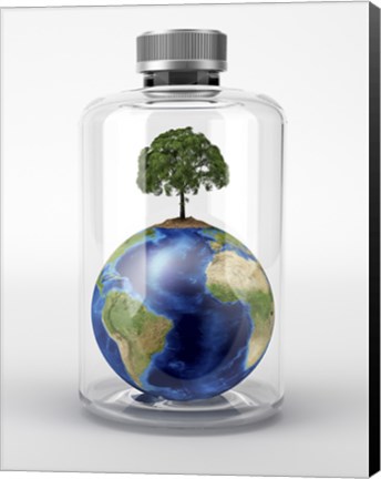 Framed Planet Earth with a Tree on Top, inside a Glass Bottle Print