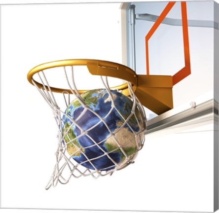 Framed 3D Rendering of Planet Earth Falling Into a Basketball Hoop Print