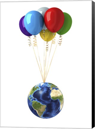 Framed Planet Earth Lifted by a Bunch of Flying Multicolored Balloons Print