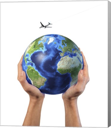 Framed Man&#39;s Hands Holding the Planet Earth, with a Jet Aircraft Flying Above Print