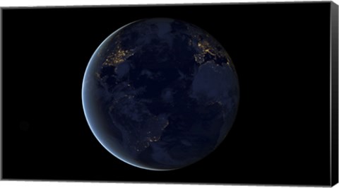 Framed Digital Composite of Earth&#39;s City Lights at Night, Centered over the Atlantic Ocean Print