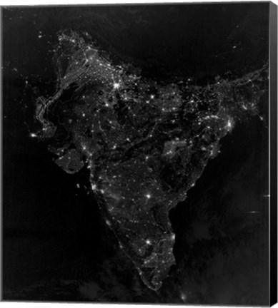 Framed Satellite View of City, Village, and Highway Lights in India Print