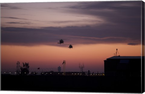 Framed pair of UH-60 Black Hawk helicopters approach their Landing in Baghdad, Iraq Print