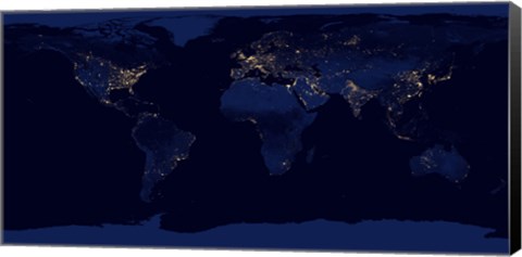 Framed Flat Map of Earth Showing City Lights of the World at Night Print