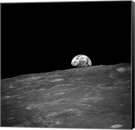 Framed first photograph taken by humans of Earthrise during Apollo 8. Print