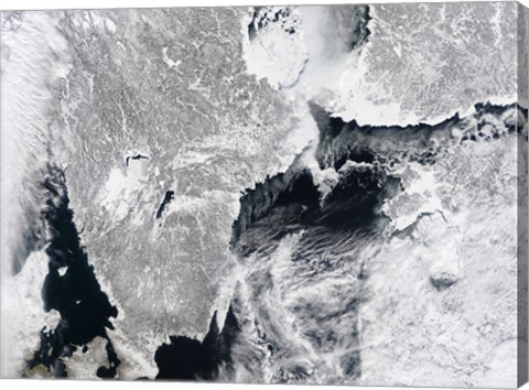 Framed Sea ice lines the Coasts of Sweden and Finland in this Satellite View Print