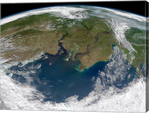 Framed Satellite View of the Ob and Yenisei rivers as They carry Sediments into the Kara Sea Print