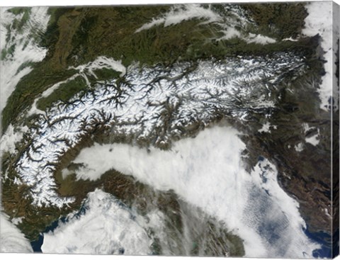 Framed Satellite Image of The Alps Mountain Range Print