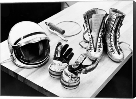 Framed Components of the Mercury Spacesuit Included Gloves, Boots and a Helmet Print