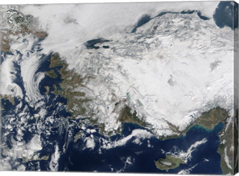 Framed Satellite view of the Republic of Turkey covered by Snow Print