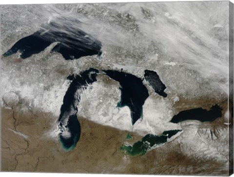 Framed Satellite View of Snow Across Wisonsin, Michigan and Canada Print