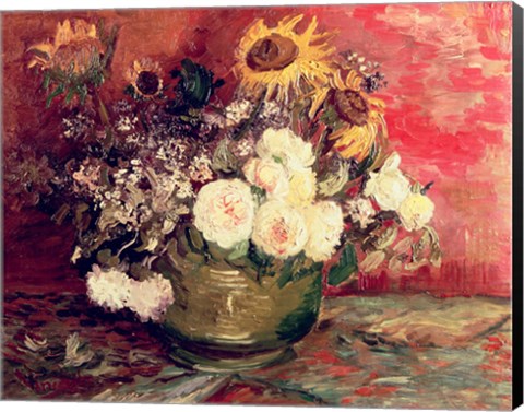 Framed Sunflowers, Roses and other Flowers in a Bowl, 1886 Print