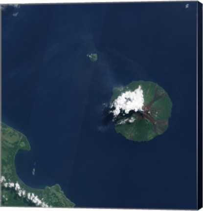 Framed Papua New Guinea&#39;s Manam Volcano releases a thin, Faint Plume over the Bismarch Sea Print