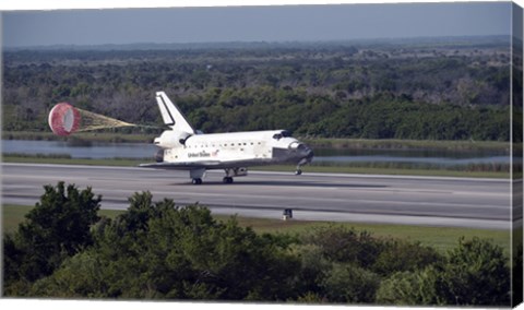 Framed With Drag Chute Unfurled, Space Shuttle Discovery Lands on Runway 33 at Kennedy Space Center in Florida Print
