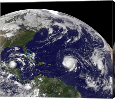 Framed Three Tropical Cyclones Active in the Atlantic Ocean Basin Print