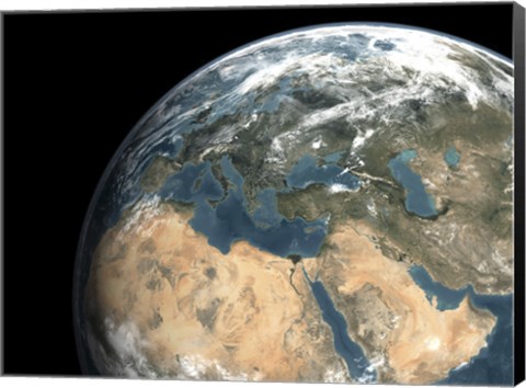 Framed Global view of earth over Europe, Middle East, and Northern Africa Print