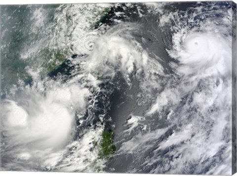 Framed Three Strong Storms Churn in the Pacific Ocean Basin off the Asian coast Print