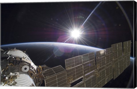 Framed International Space Station Backdropped by the Bright Sun over Earth&#39;s Horizon Print