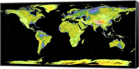 Framed Digital Elevation Model of the Continents on Earth Print