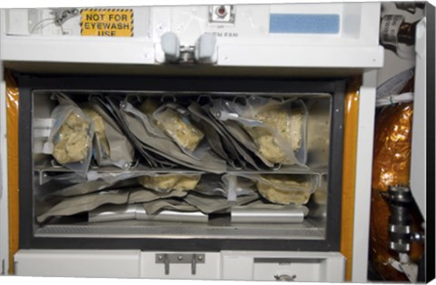 Framed Bags of Food Stored Inside the Galley on Space Shuttle Endeavour Print