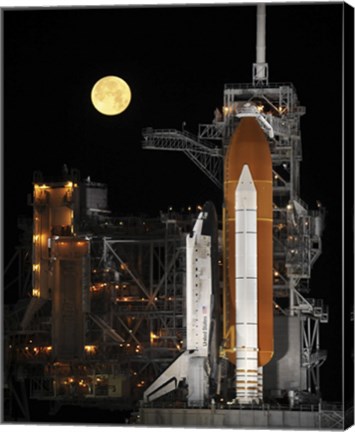 Framed Nearly full Moon Sets as Space Shuttle Discovery Sits Atop the Launch Pad Print