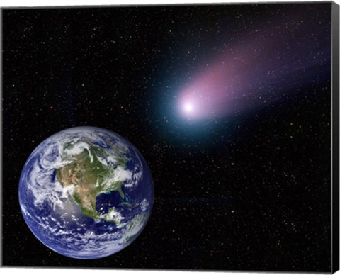 Framed Digital Composite of a Comet Heading Towards Earth Print