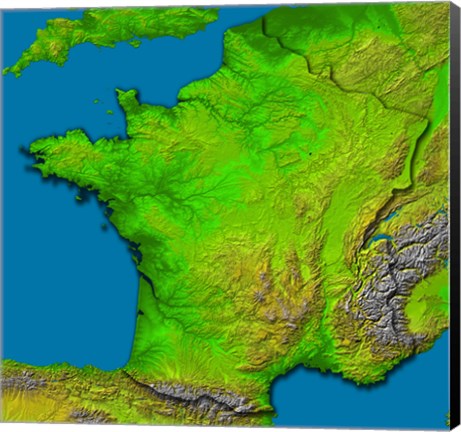 Framed Topographic Image of France Showing Shaded Relief and Colored Height Print