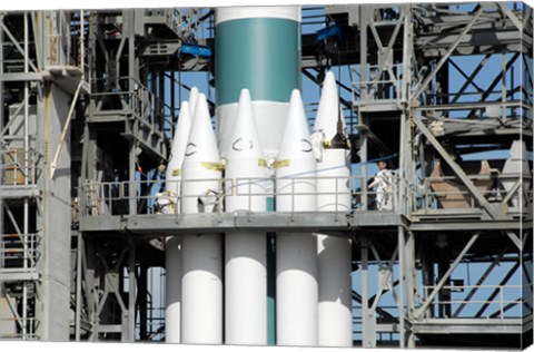Framed Solid Rocket Boosters are Attached to the Delta II Rocket in the Mobile Service Tower Print