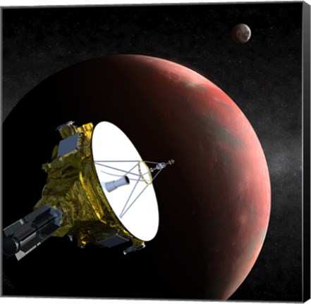 Framed Artist&#39;s Concept of the New Horizons Spacecraft as it Approaches Pluto and its Largest Moon, Charon Print