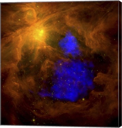 Framed Orion Nebula in the Infrared Overlaid with XMM-Newton X-Ray Data in Blue Print