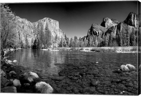 Framed California Yosemite Valley view from the bank of Merced River Print