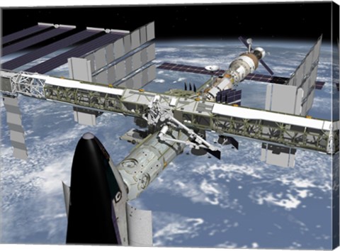 Framed Close up view of the Shuttle Docked to Node 2 of the International Space Station Print