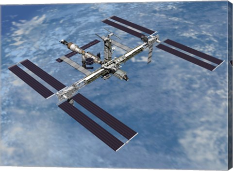 Framed Computer Generated view of the International Space Station against the Blue Sky Print