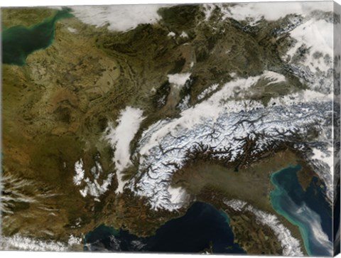 Framed True-Color view of Snow, Fog, and Low Clouds in Western Europe Print