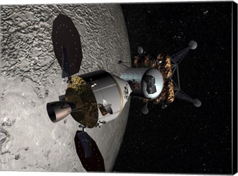Framed Concept of the Orion crew Exploration Vehicle Docked to a Lunar Lander in Lunar Orbit Print