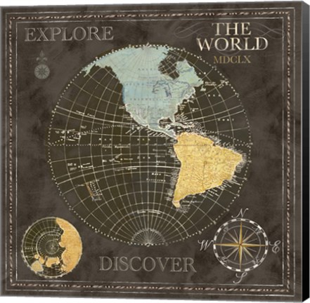 Framed Old World Journey Map Black I Print