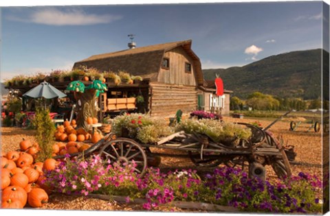 Framed Log Barn and Fruit Stand in Autumn, British Columbia, Canada Print