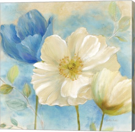 Framed Watercolor Poppies II (Blue/White) Print