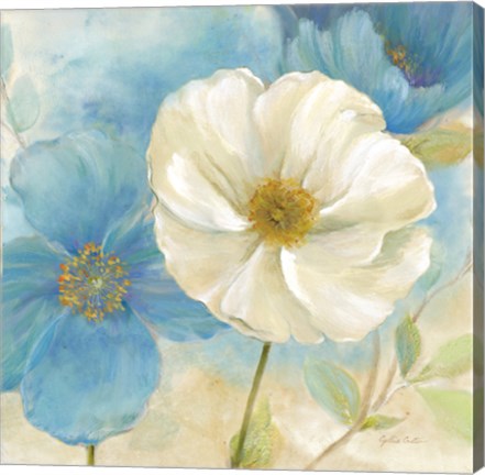 Framed Watercolor Poppies I (Blue/White) Print