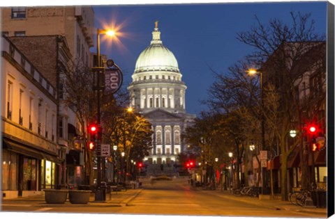 Framed Looking down State Street in downtown Madison, Wisconsin Print