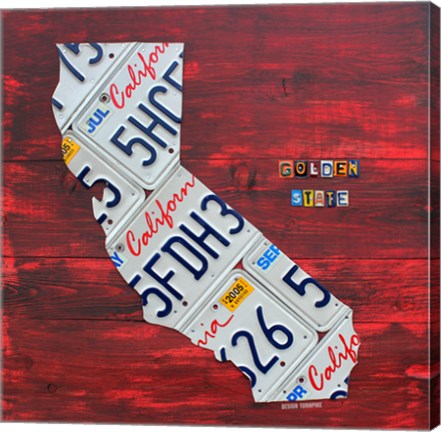 Framed California License Plate Map - Red Print