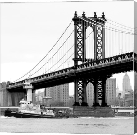 Framed Manhattan Bridge with Tug Boat (b/w) Print