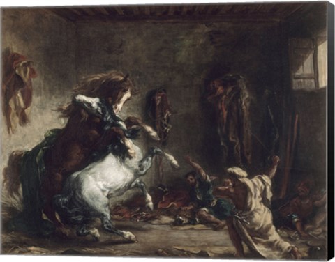 Framed Arab Horses Fighting in a Stable, 1860 Print