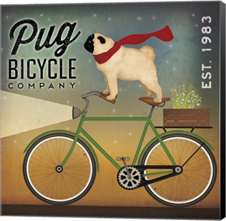 Framed Pug on a Bike Print