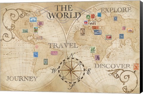 Framed Old World Journey Map Stamps Cream Print