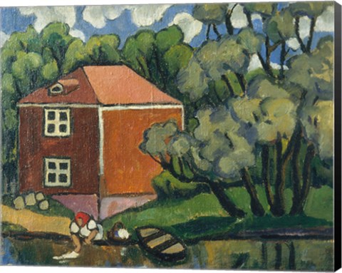 Framed Landscape With Red House And Woman Washing, 1908 Print